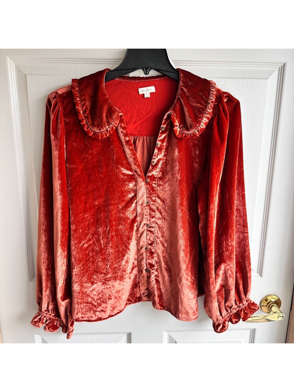 Pilcro XL Red Velvet Ruffled Collar Button-Up Blouse
